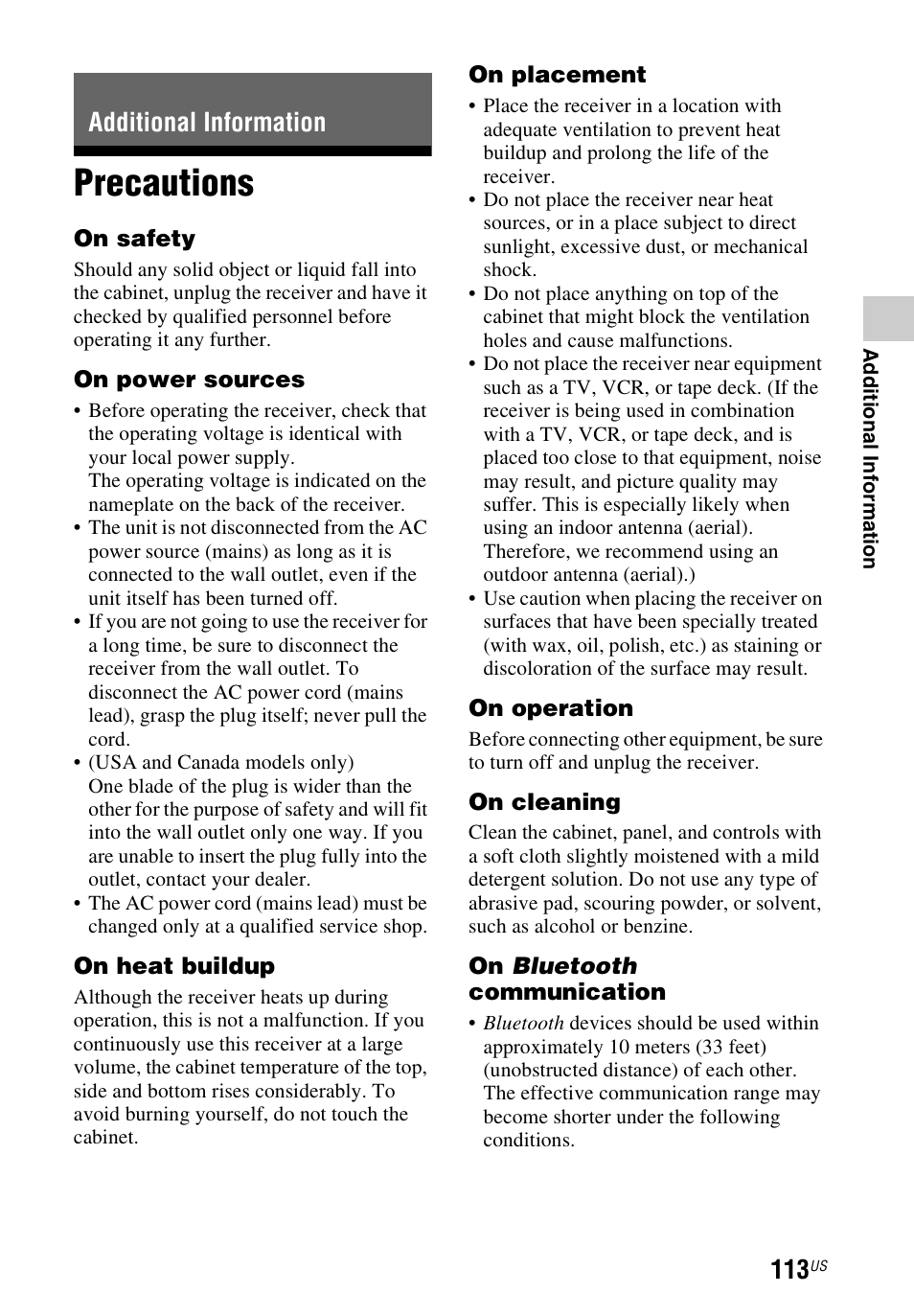 Additional information, Precautions | Sony STR-DN1040 User Manual | Page 113 / 136