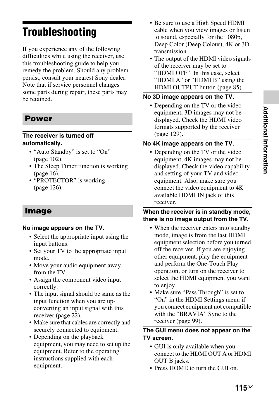 Troubleshooting, Power image | Sony STR-DN1040 User Manual | Page 115 / 136