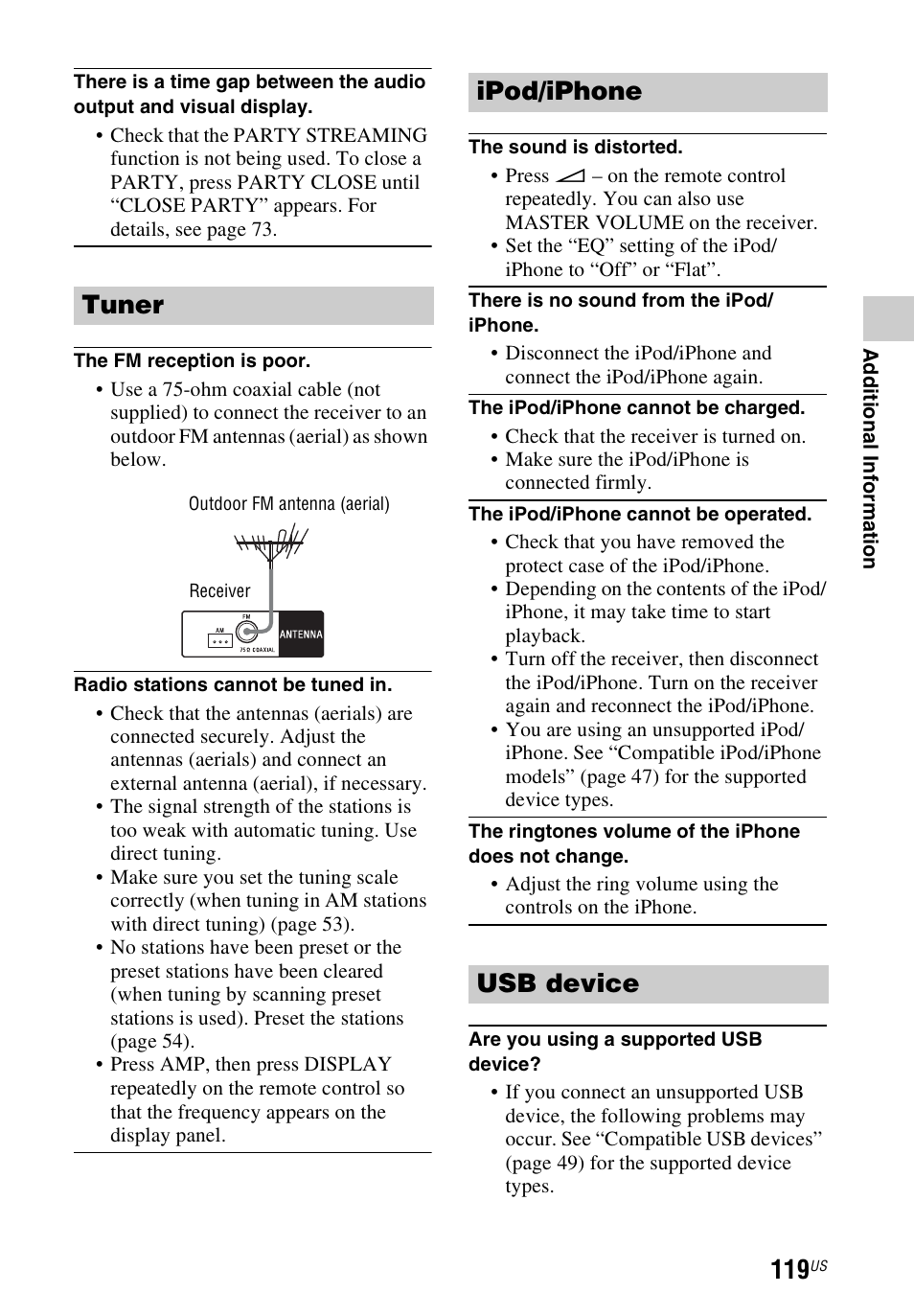 Tuner, Ipod/iphone usb device | Sony STR-DN1040 User Manual | Page 119 / 136