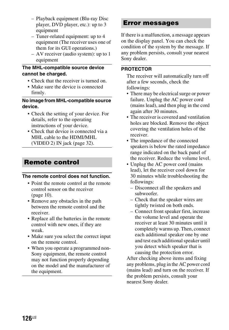 Remote control error messages | Sony STR-DN1040 User Manual | Page 126 / 136