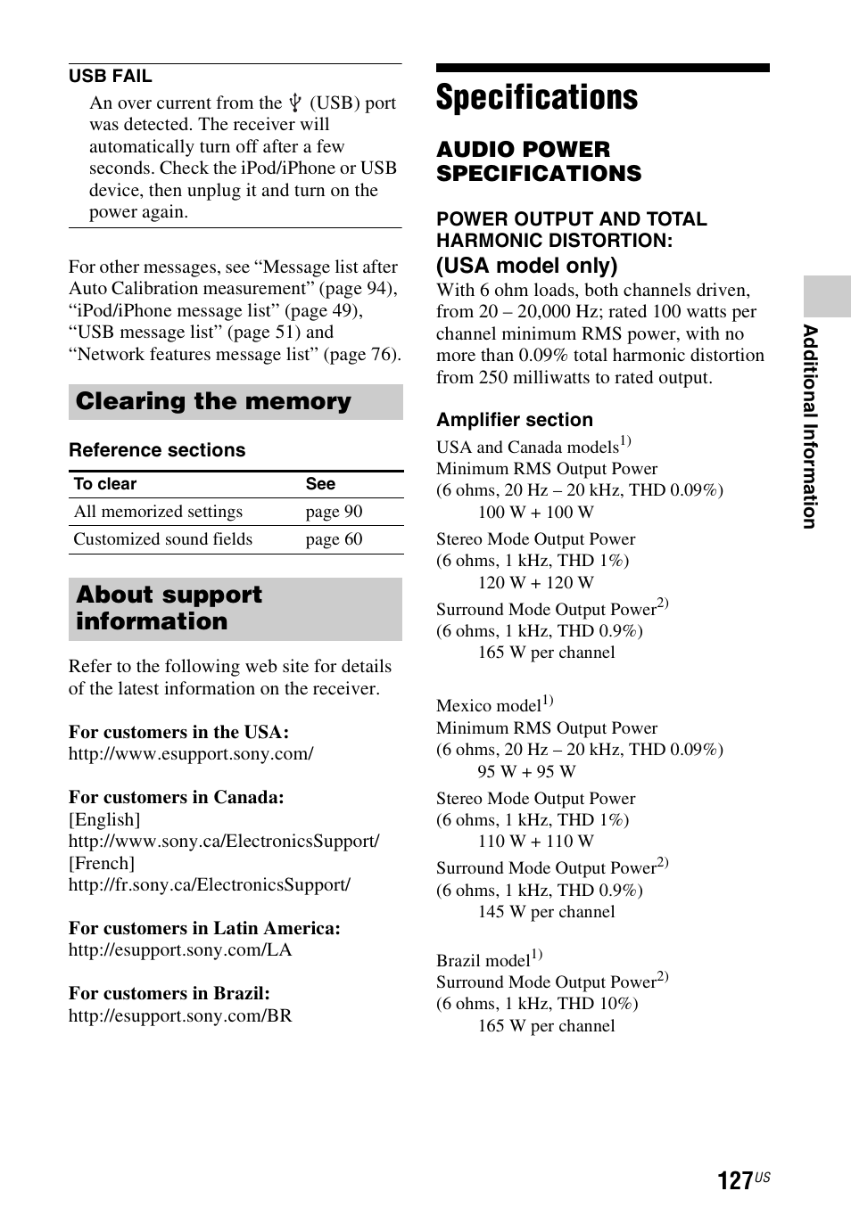 Specifications, About support information | Sony STR-DN1040 User Manual | Page 127 / 136