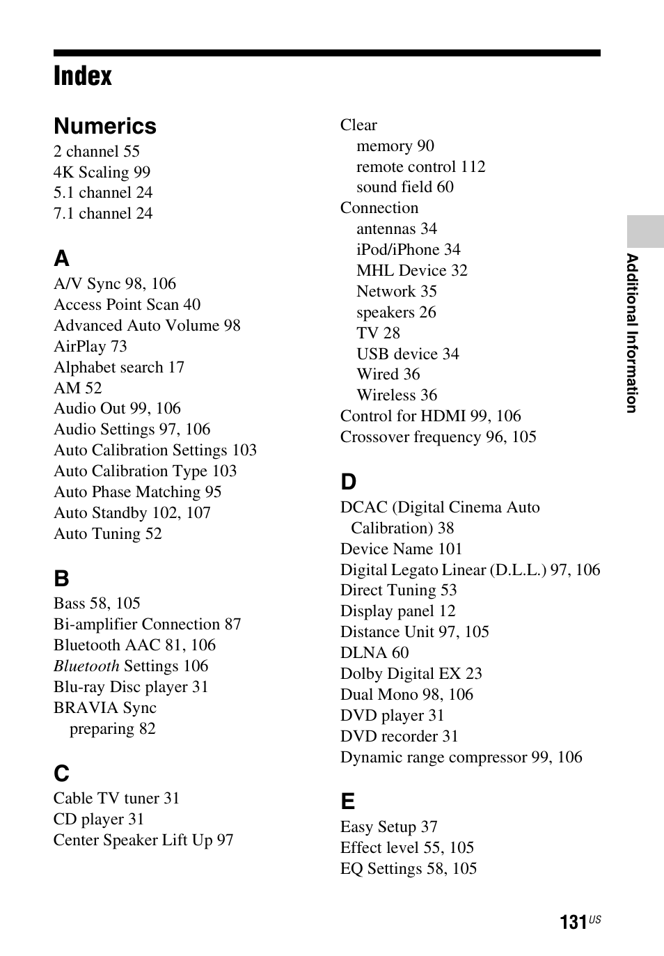 Index, Numerics | Sony STR-DN1040 User Manual | Page 131 / 136