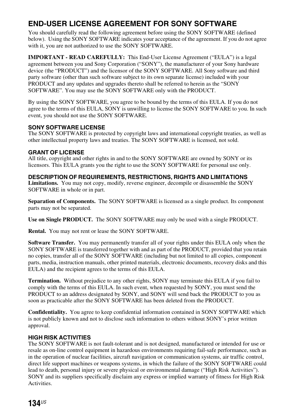 End-user license agreement for sony software | Sony STR-DN1040 User Manual | Page 134 / 136