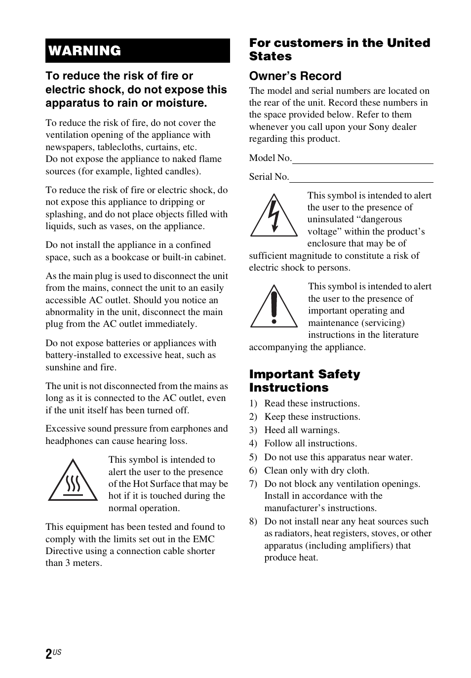Warning | Sony STR-DN1040 User Manual | Page 2 / 136