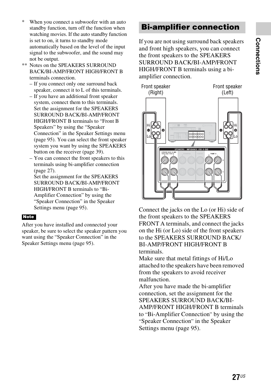 Bi-amplifier connection | Sony STR-DN1040 User Manual | Page 27 / 136
