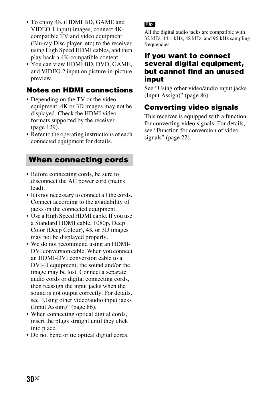 When connecting cords | Sony STR-DN1040 User Manual | Page 30 / 136