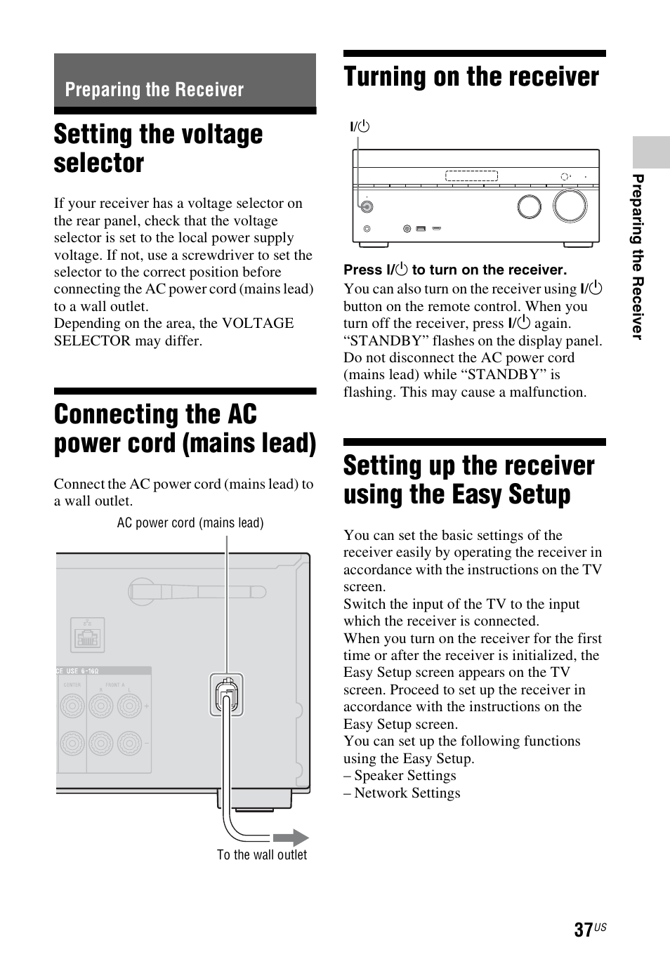 Preparing the receiver, Setting the voltage selector, Connecting the ac power cord (mains lead) | Turning on the receiver, Setting up the receiver using the easy setup, Mains lead), Easy setup | Sony STR-DN1040 User Manual | Page 37 / 136