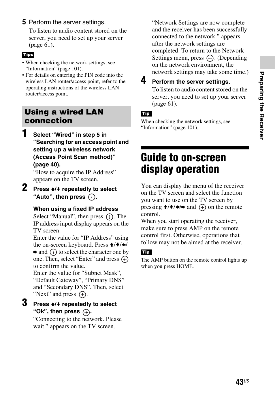 Guide to on-screen display operation, Guide to on-screen display, Operation | Using a wired lan connection | Sony STR-DN1040 User Manual | Page 43 / 136