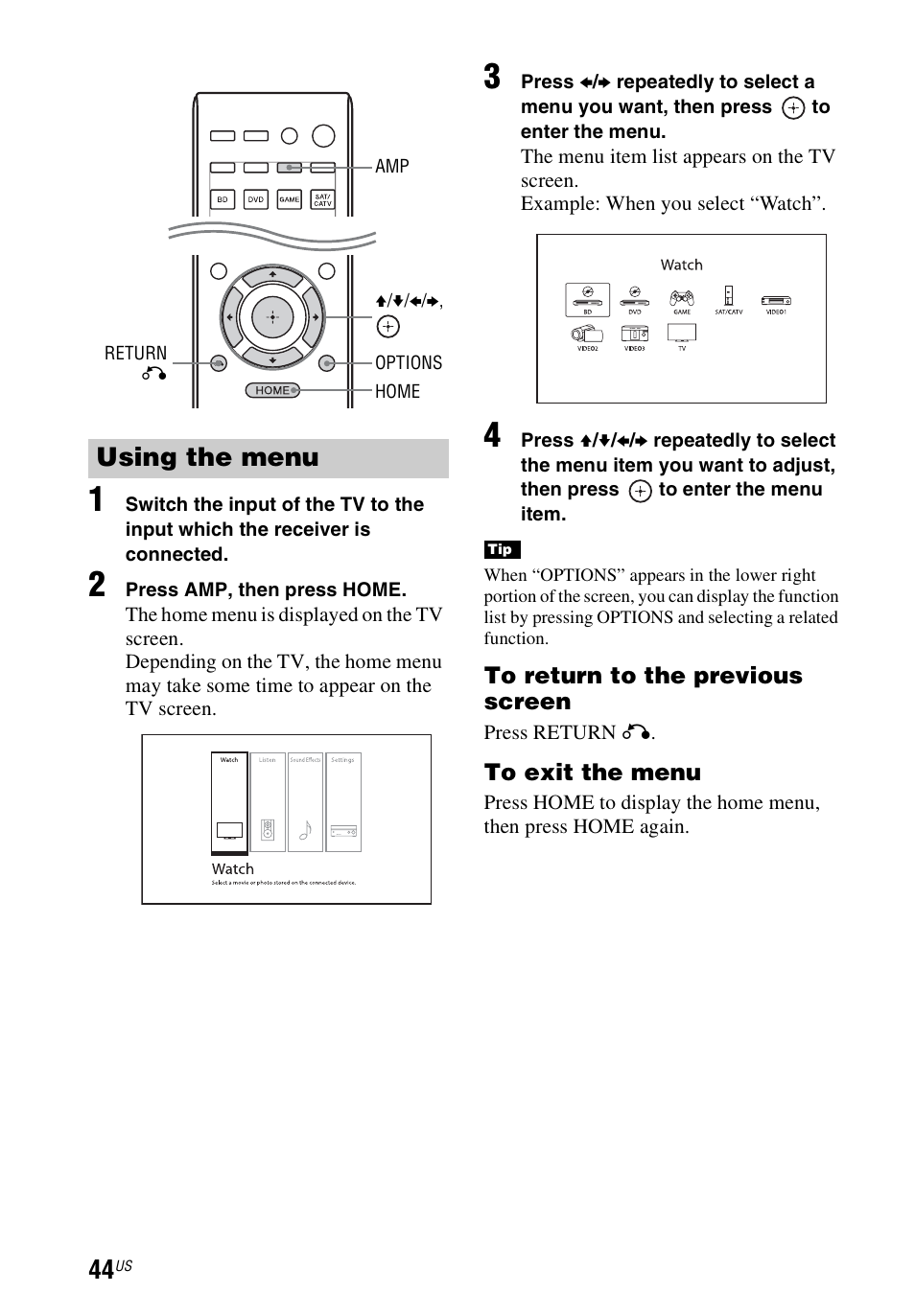 Using the menu | Sony STR-DN1040 User Manual | Page 44 / 136