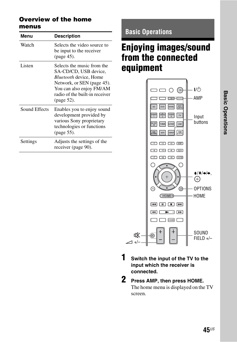 Basic operations, Enjoying images/sound from the connected equipment, Enjoying images/sound from the | Connected equipment | Sony STR-DN1040 User Manual | Page 45 / 136