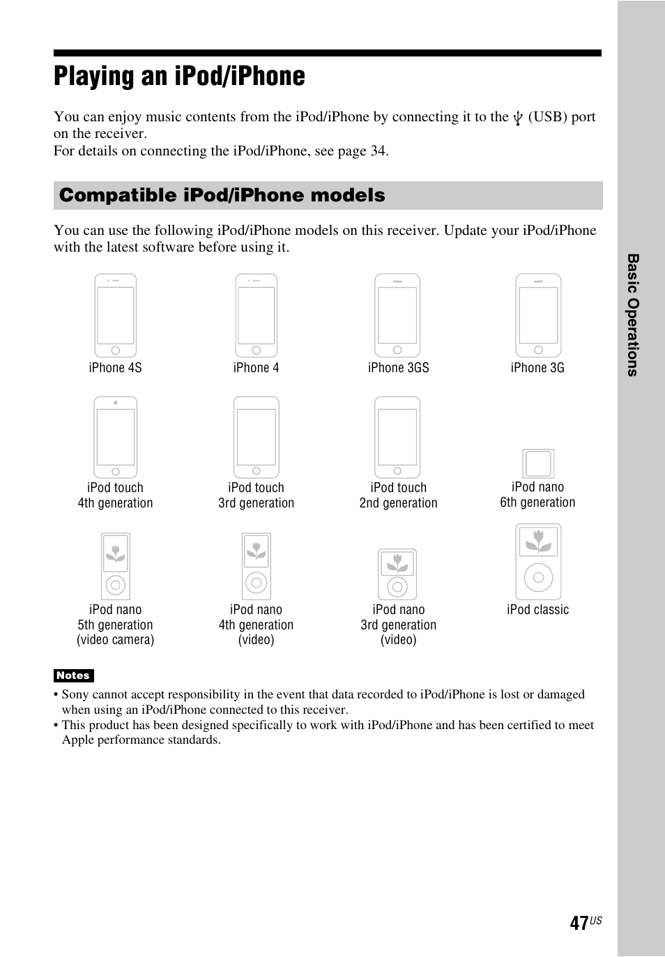 Playing an ipod/iphone, Compatible ipod/iphone models | Sony STR-DN1040 User Manual | Page 47 / 136