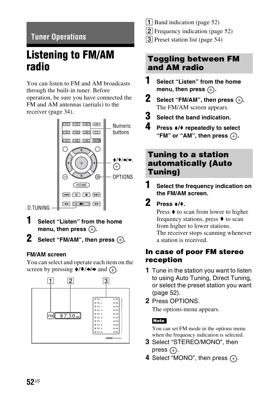 Tuner operations, Listening to fm/am radio | Sony STR-DN1040 User Manual | Page 52 / 136