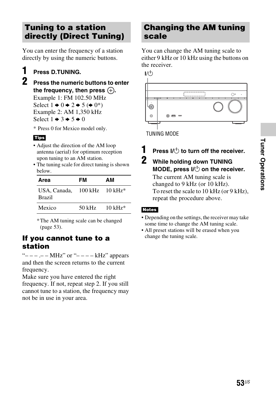 Tuning to a station directly (direct tuning), Changing the am tuning scale | Sony STR-DN1040 User Manual | Page 53 / 136