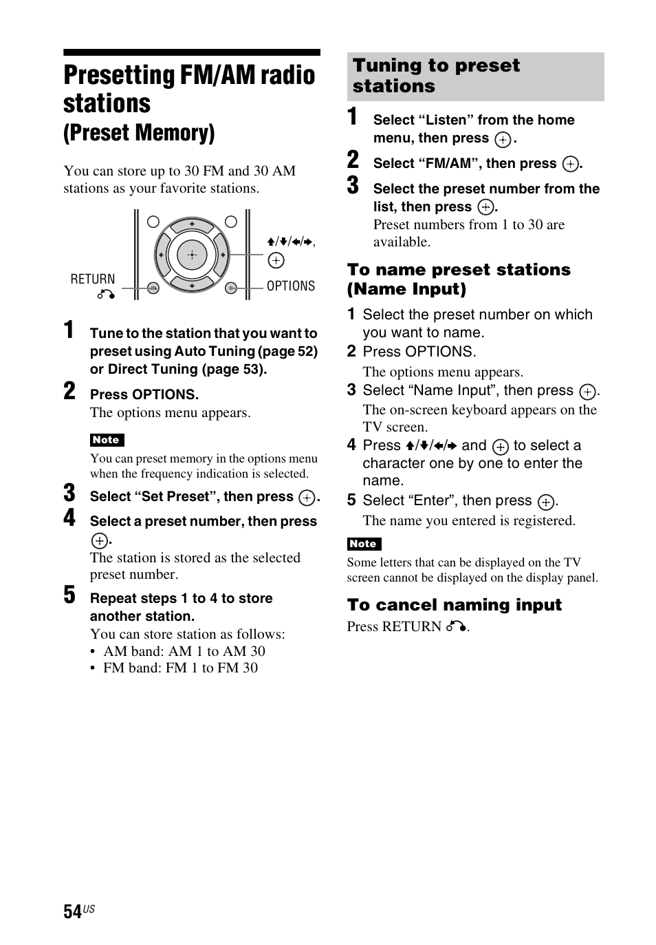 Presetting fm/am radio stations (preset memory), Presetting fm/am radio stations, Preset memory) | Tuning to preset stations | Sony STR-DN1040 User Manual | Page 54 / 136