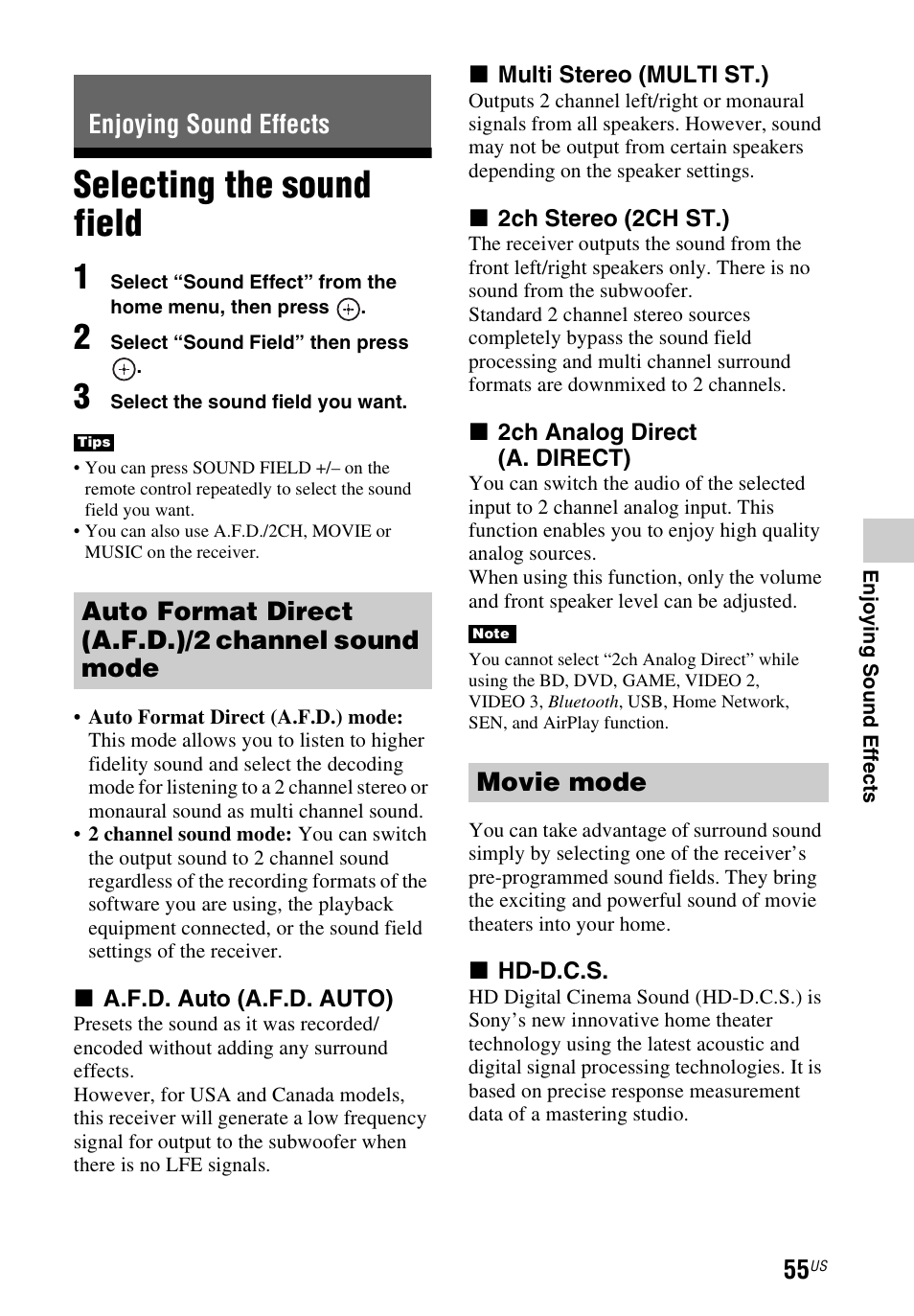 Enjoying sound effects, Selecting the sound field, Auto format direct (a.f.d.)/2 channel sound mode | Movie mode | Sony STR-DN1040 User Manual | Page 55 / 136