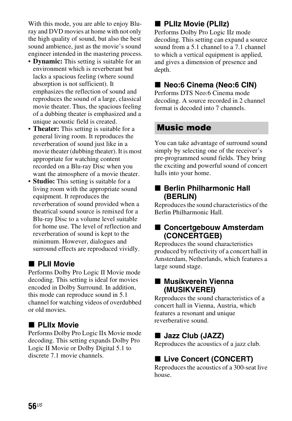 Music mode | Sony STR-DN1040 User Manual | Page 56 / 136