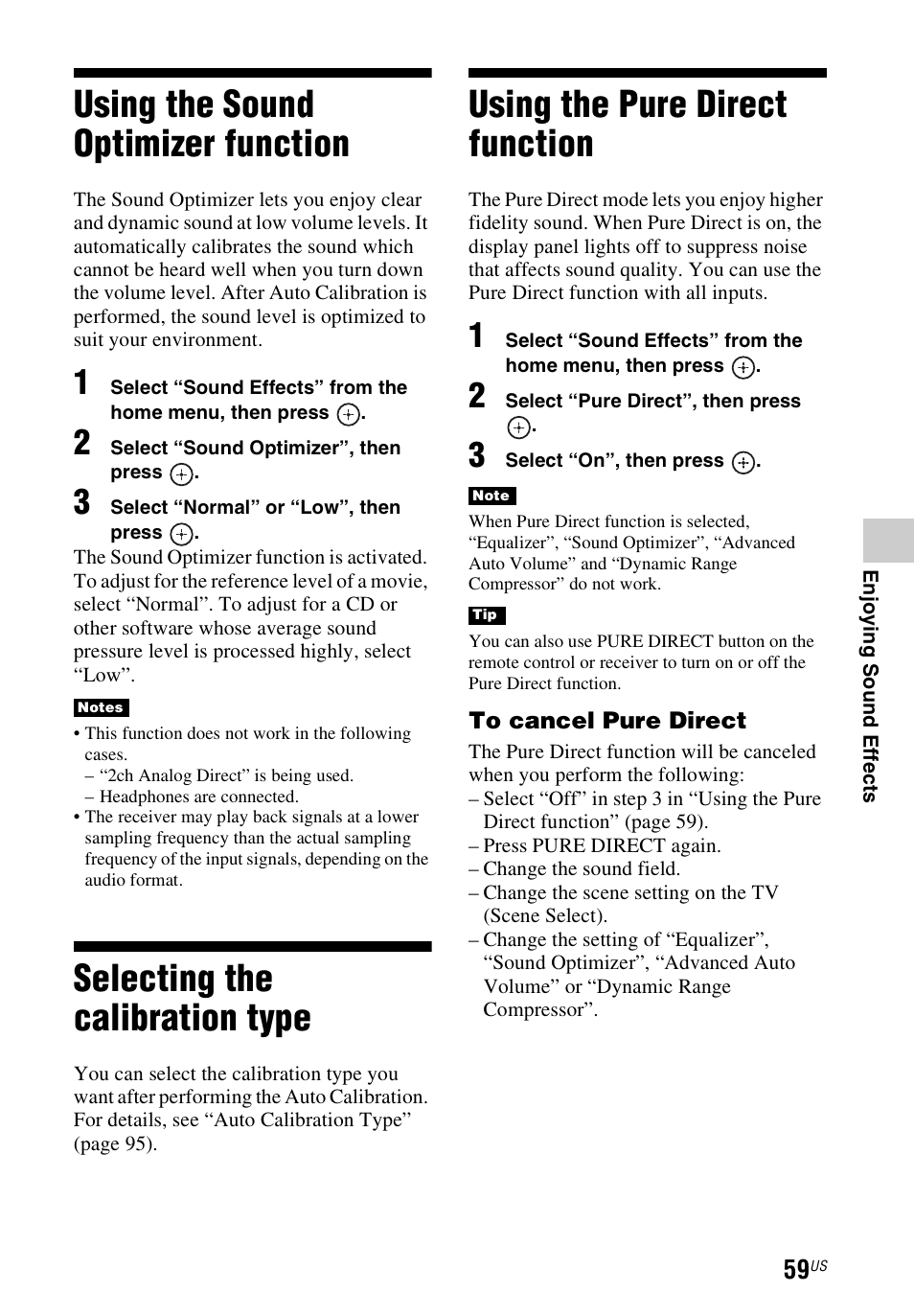 Using the sound optimizer function, Selecting the calibration type, Using the pure direct function | Using the sound optimizer, Function | Sony STR-DN1040 User Manual | Page 59 / 136