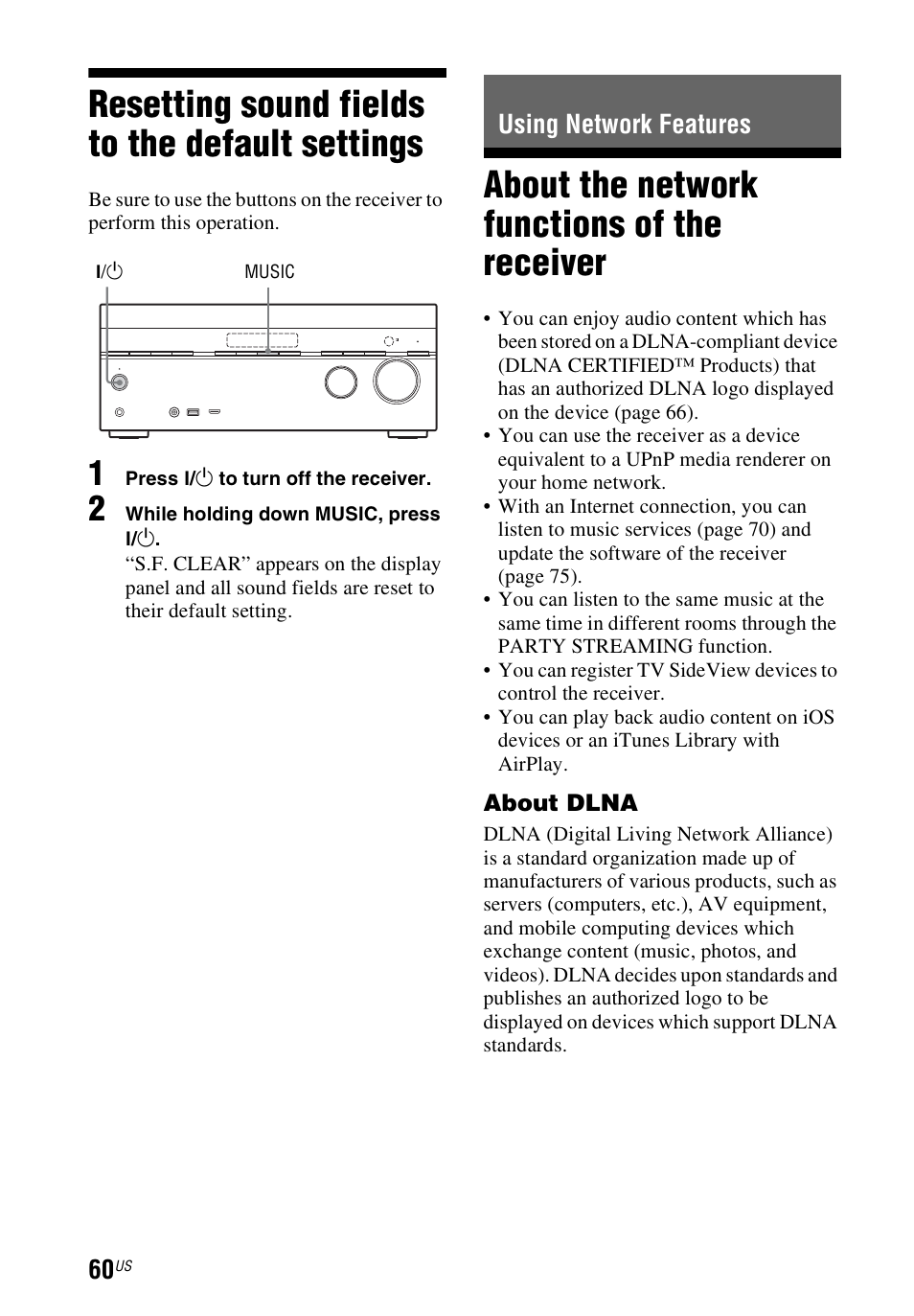 Resetting sound fields to the default settings, Using network features, About the network functions of the receiver | Resetting sound fields to the, Default settings, About the network functions of, The receiver | Sony STR-DN1040 User Manual | Page 60 / 136