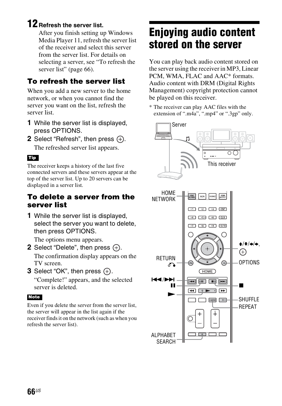 Enjoying audio content stored on the server, Enjoying audio content stored on, The server | Sony STR-DN1040 User Manual | Page 66 / 136