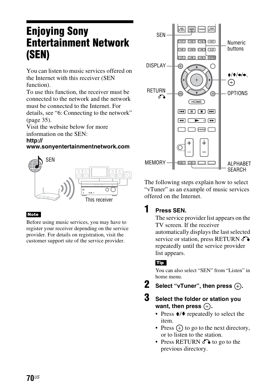 Enjoying sony entertainment network (sen), Enjoying sony entertainment, Network (sen) | Sony STR-DN1040 User Manual | Page 70 / 136