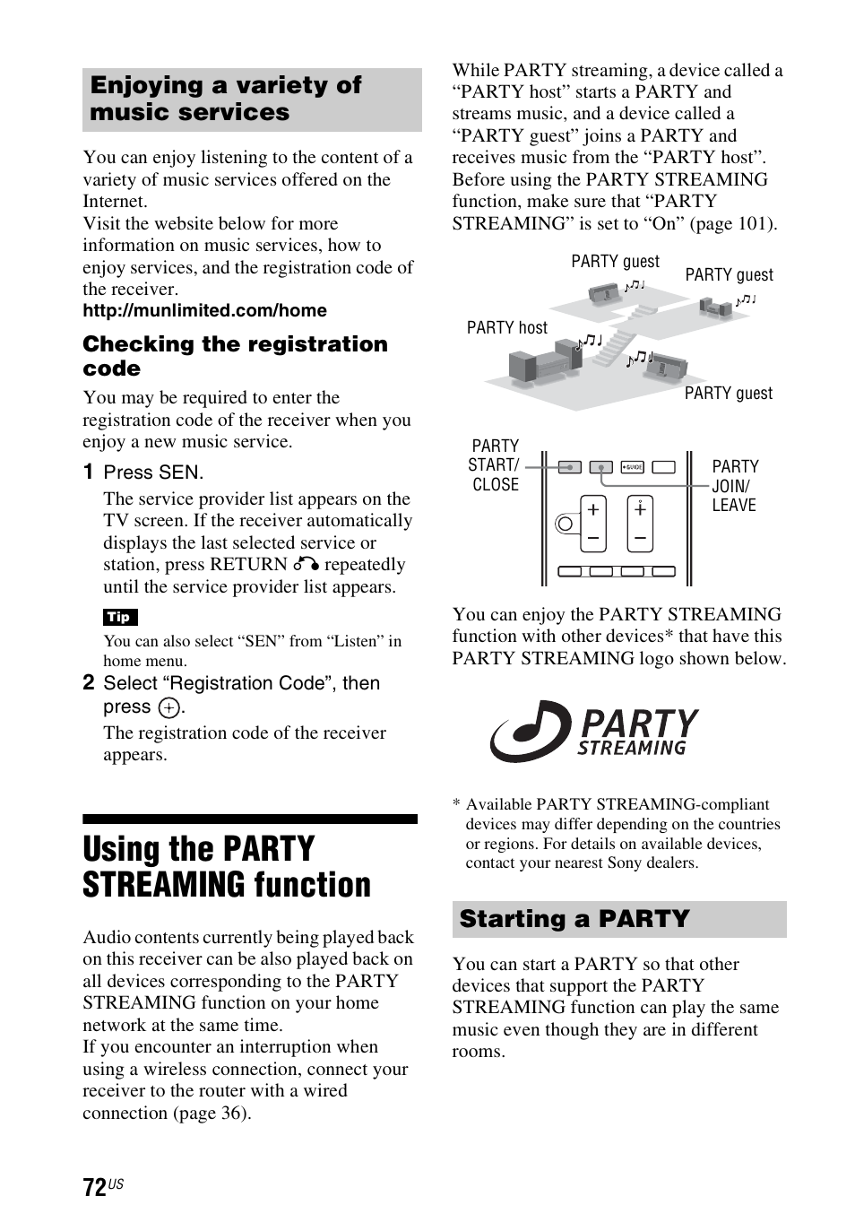 Using the party streaming function, Using the party streaming, Function | Enjoying a variety of music services, Starting a party | Sony STR-DN1040 User Manual | Page 72 / 136