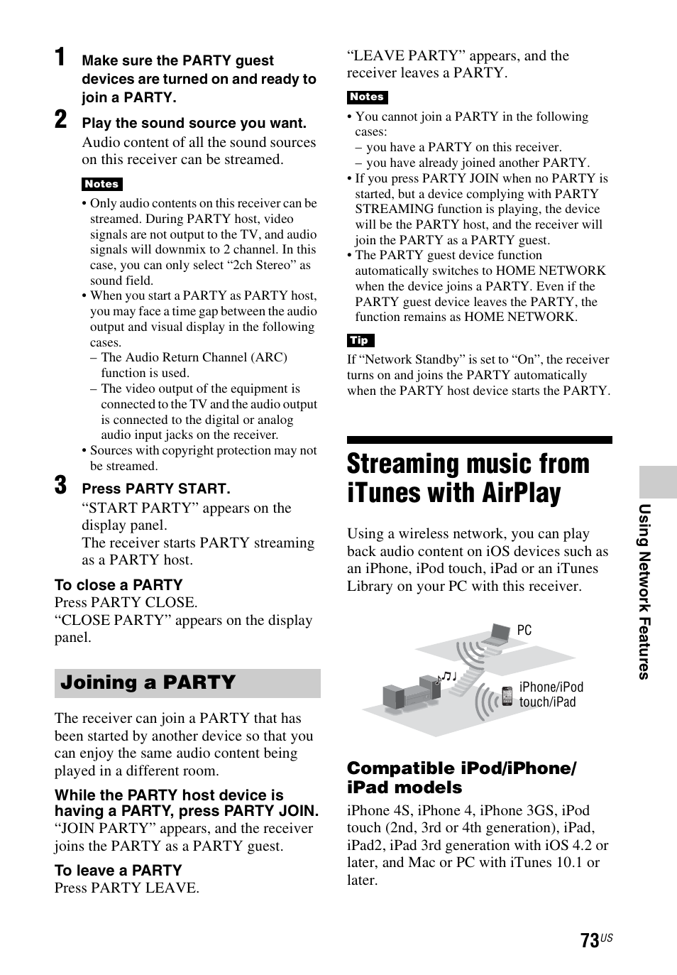 Streaming music from itunes with airplay, Streaming music from itunes, With airplay | Joining a party | Sony STR-DN1040 User Manual | Page 73 / 136