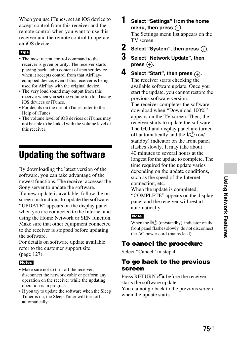 Updating the software | Sony STR-DN1040 User Manual | Page 75 / 136