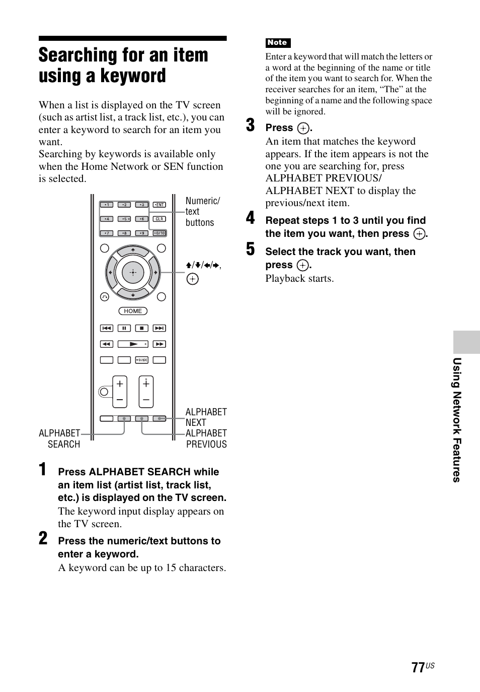 Searching for an item using a keyword, Searching for an item using a, Keyword | Sony STR-DN1040 User Manual | Page 77 / 136