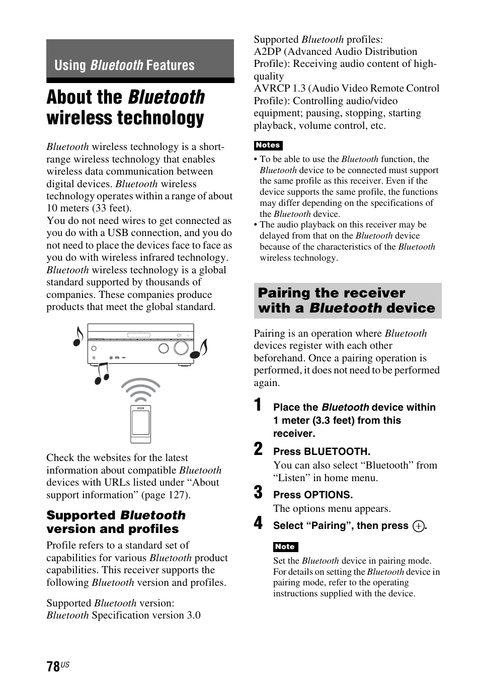 Using bluetooth features, About the bluetooth wireless technology, Using bluetooth | Features, About the bluetooth wireless, Technology, Pairing the receiver with a bluetooth device | Sony STR-DN1040 User Manual | Page 78 / 136