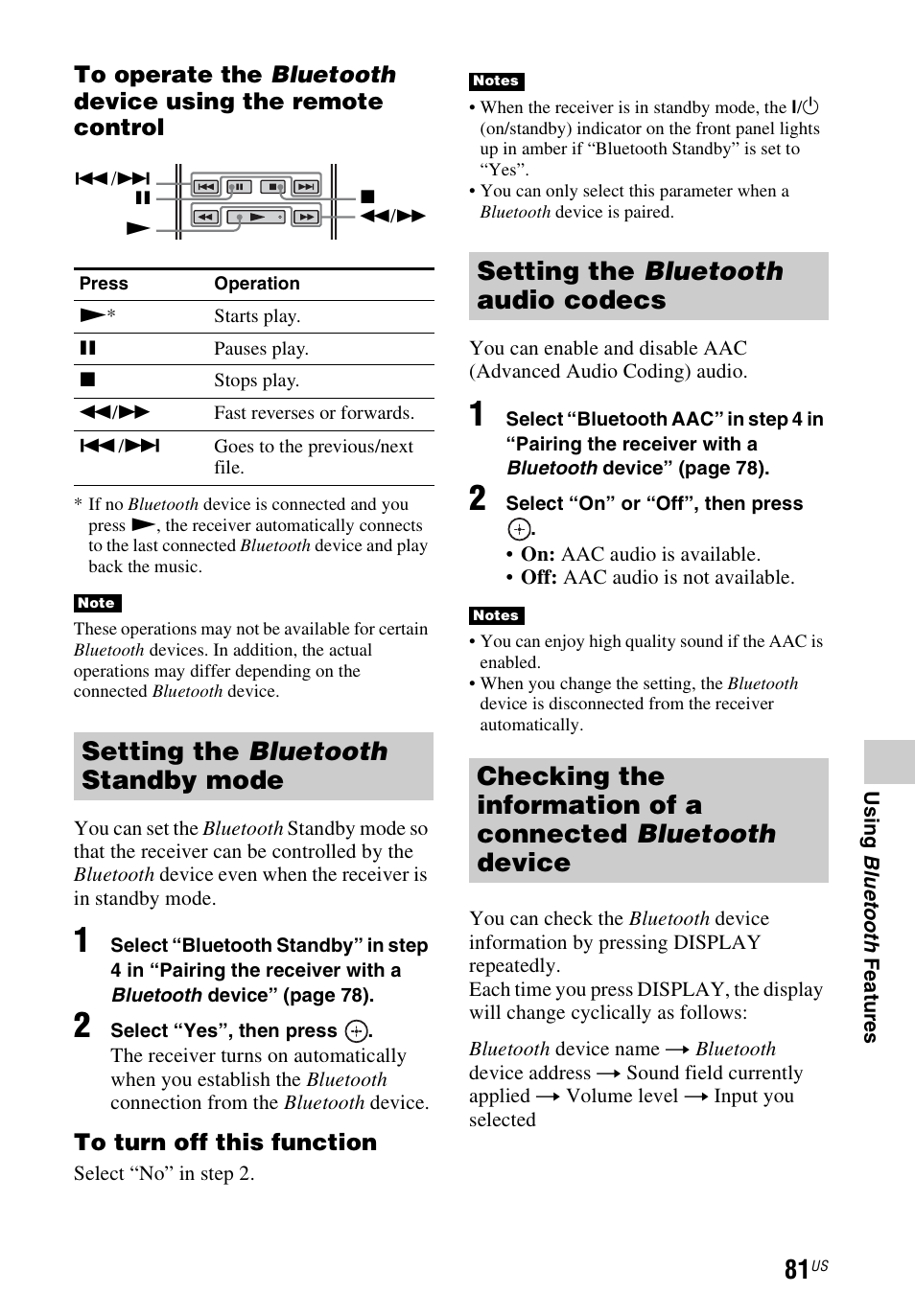 Setting the bluetooth standby mode, Setting the bluetooth audio codecs | Sony STR-DN1040 User Manual | Page 81 / 136