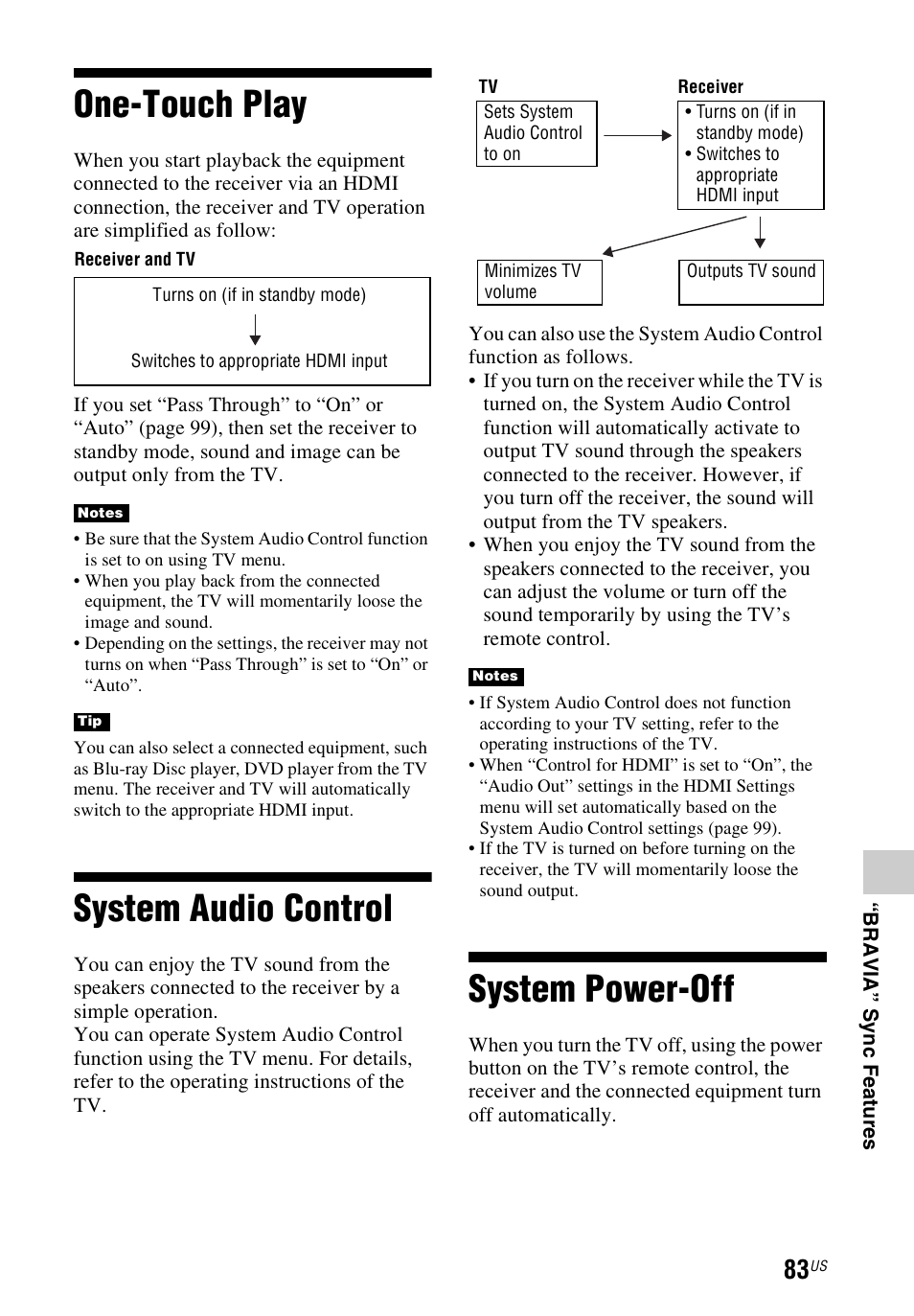 One-touch play, System audio control, System power-off | Sony STR-DN1040 User Manual | Page 83 / 136