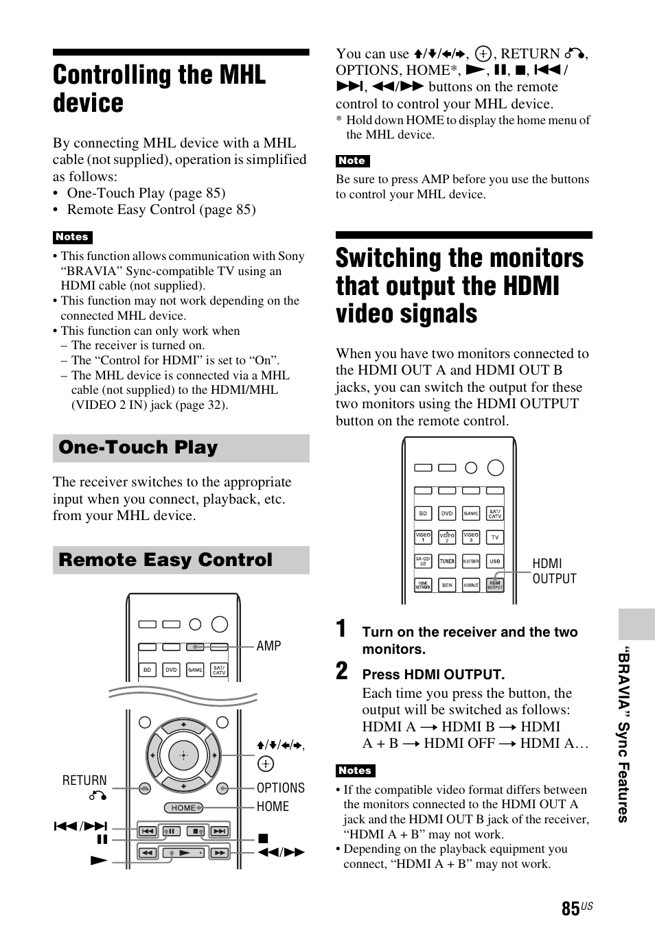 Controlling the mhl device, One-touch play remote easy control | Sony STR-DN1040 User Manual | Page 85 / 136