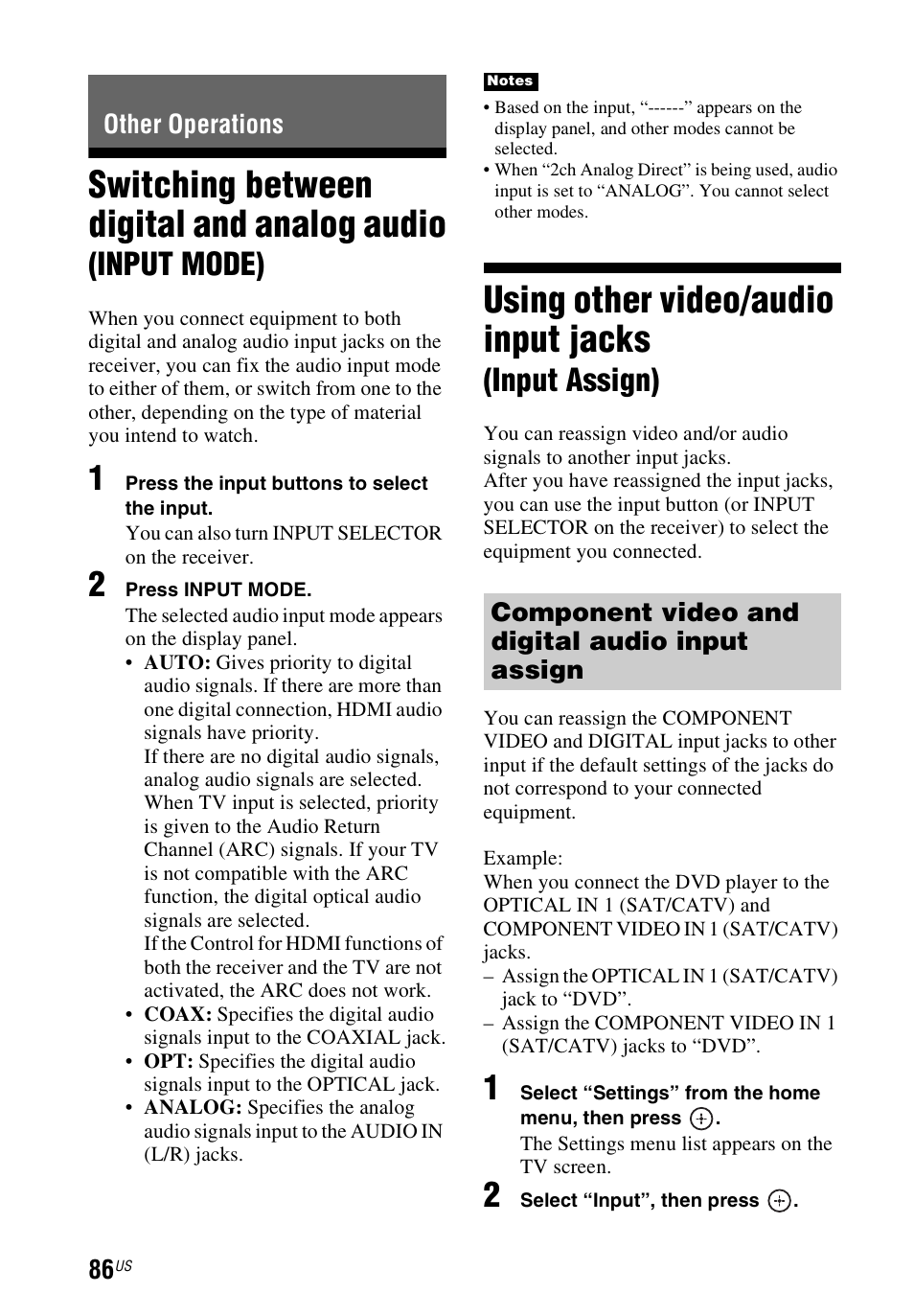 Other operations, Using other video/audio input jacks (input assign), Switching between digital and | Analog audio (input mode), Using other video/audio input, Jacks (input assign), Switching between digital and analog audio, Using other video/audio input jacks, Input mode), Input assign) | Sony STR-DN1040 User Manual | Page 86 / 136