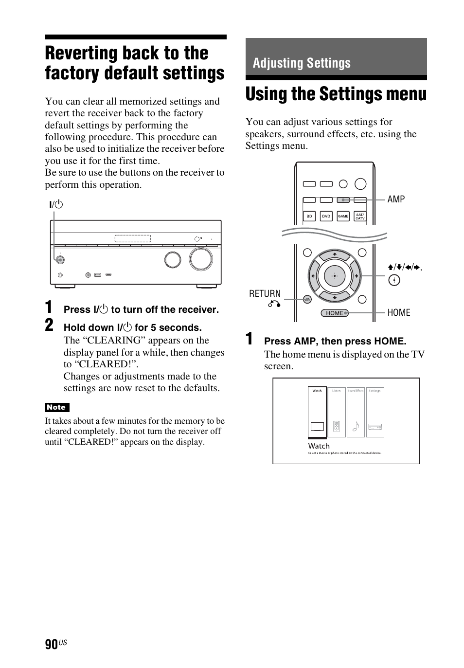 Reverting back to the factory default settings, Adjusting settings, Using the settings menu | Reverting back to the factory, Default settings | Sony STR-DN1040 User Manual | Page 90 / 136