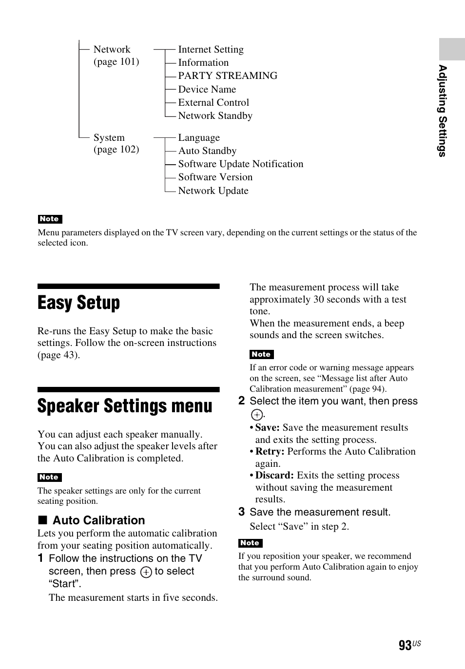 Easy setup, Speaker settings menu, Easy setup speaker settings menu | Sony STR-DN1040 User Manual | Page 93 / 136