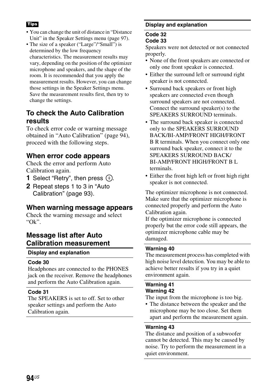 When error code appears, When warning message appears, Message list after auto calibration measurement | Sony STR-DN1040 User Manual | Page 94 / 136