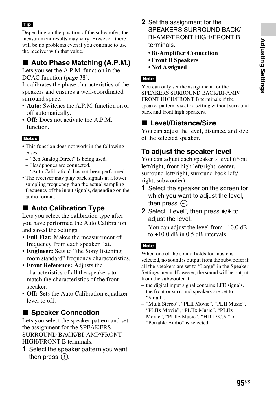 X auto phase matching (a.p.m.), X auto calibration type, X speaker connection | X level/distance/size | Sony STR-DN1040 User Manual | Page 95 / 136