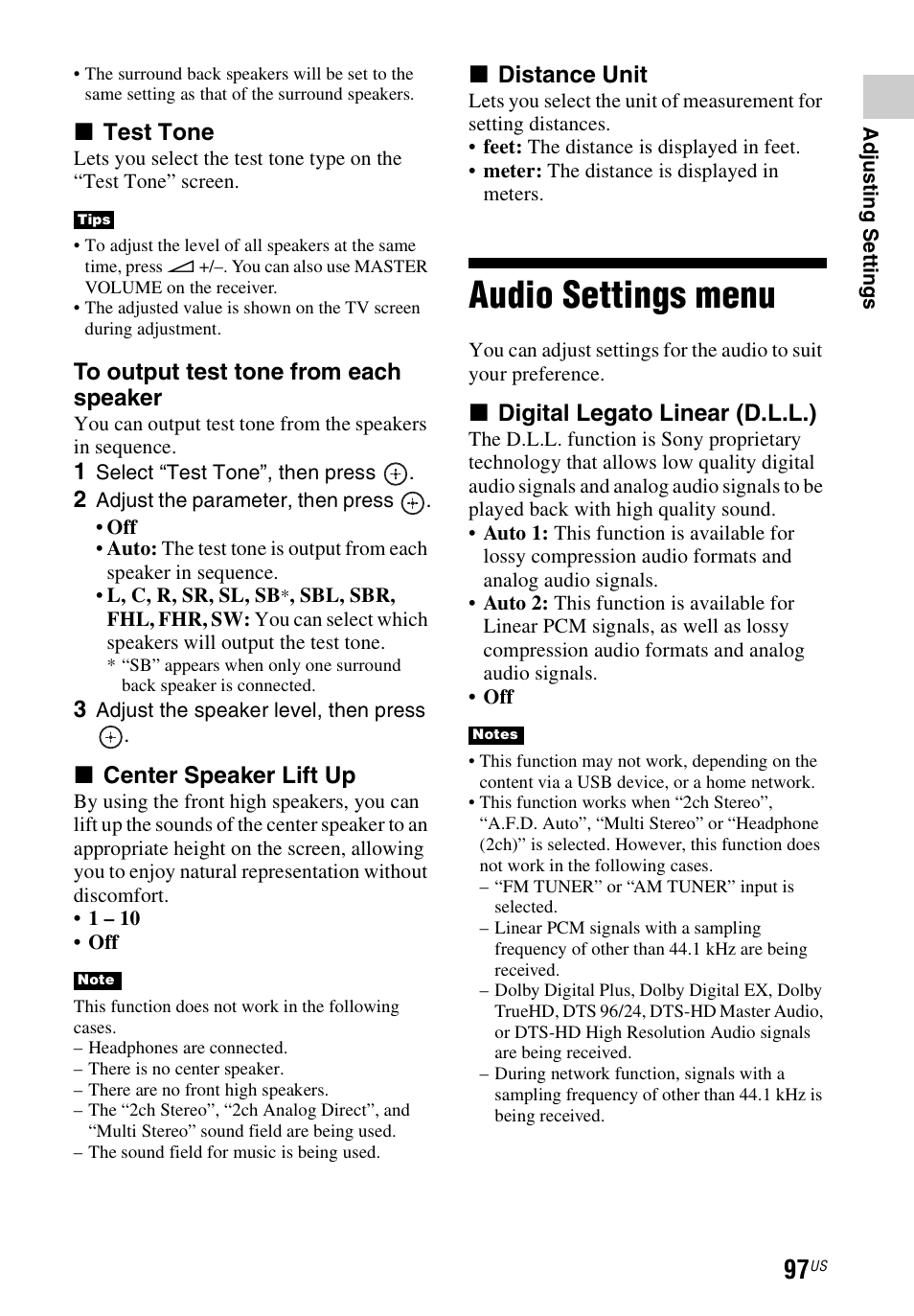 Audio settings menu, X test tone, X center speaker lift up | X distance unit, X digital legato linear (d.l.l.) | Sony STR-DN1040 User Manual | Page 97 / 136