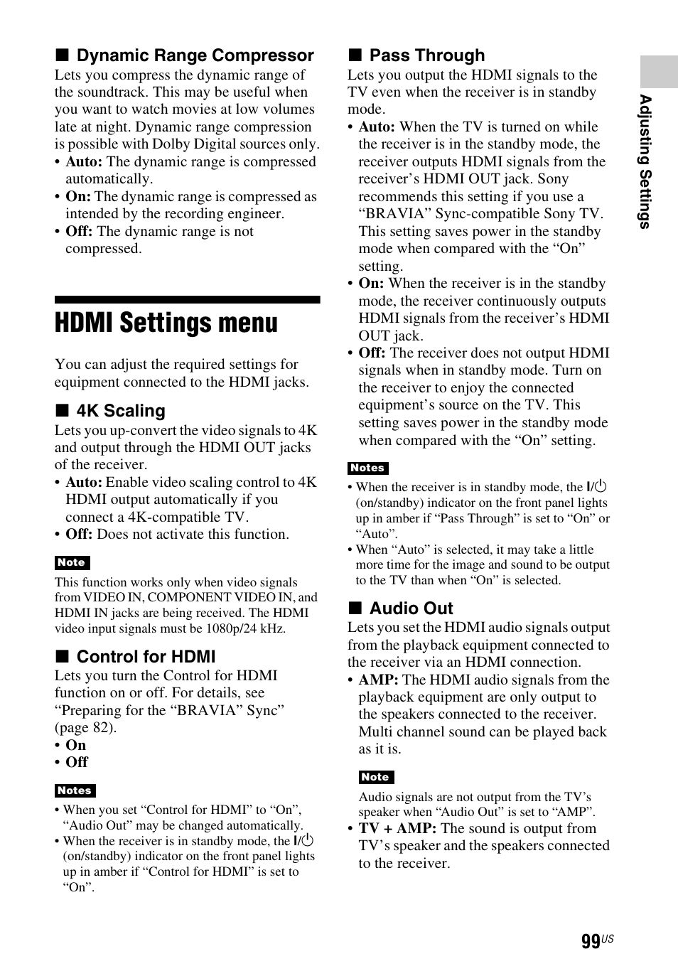 Hdmi settings menu, X dynamic range compressor, X 4k scaling | X control for hdmi, X pass through, X audio out | Sony STR-DN1040 User Manual | Page 99 / 136