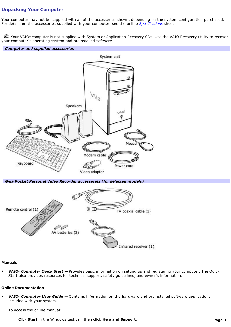 Unpacking your computer | Sony PCV-RS410 User Manual | Page 3 / 146