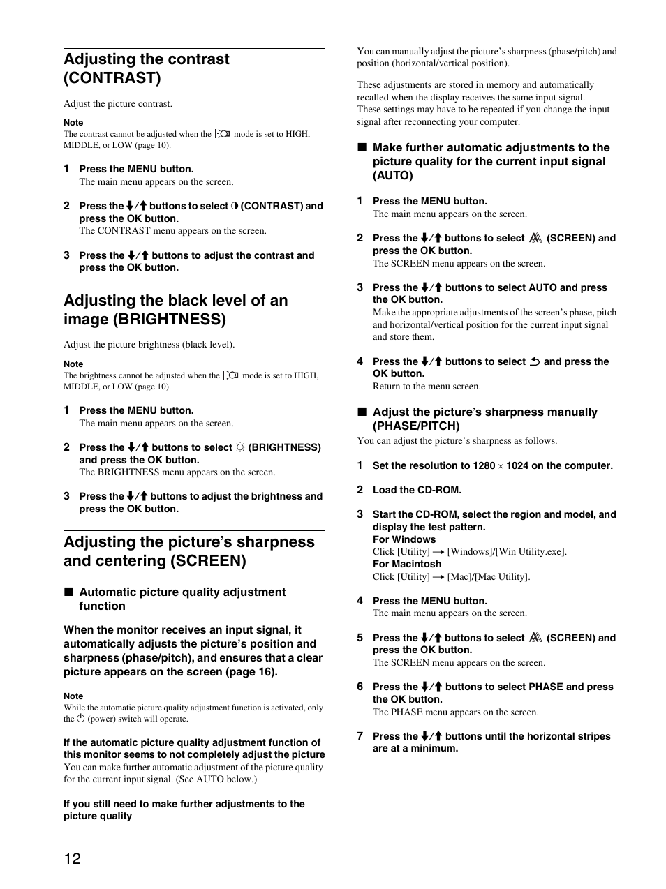 Adjusting the contrast (contrast), Adjusting the black level of an image (brightness), 12 adjusting the contrast (contrast) | Sony SDM-HS95B User Manual | Page 12 / 20