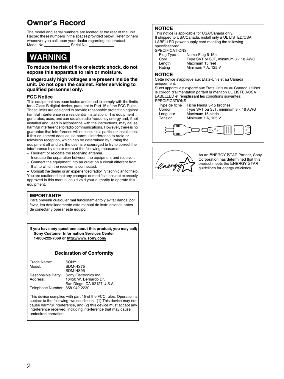 Owner’s record, Warning | Sony SDM-HS95B User Manual | Page 2 / 20