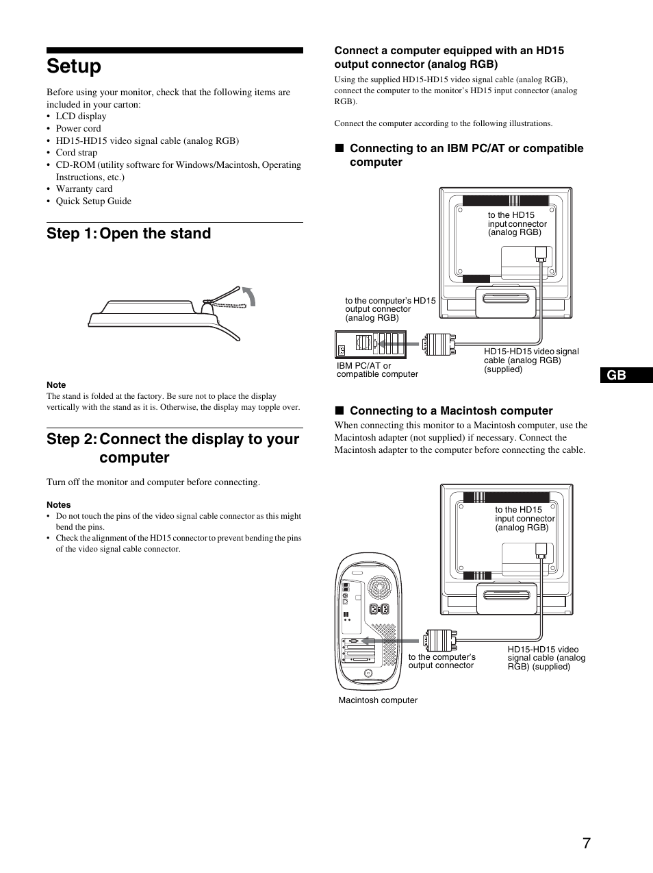 Setup, Step 1: open the stand, Step 2: connect the display to your computer | Sony SDM-HS95B User Manual | Page 7 / 20