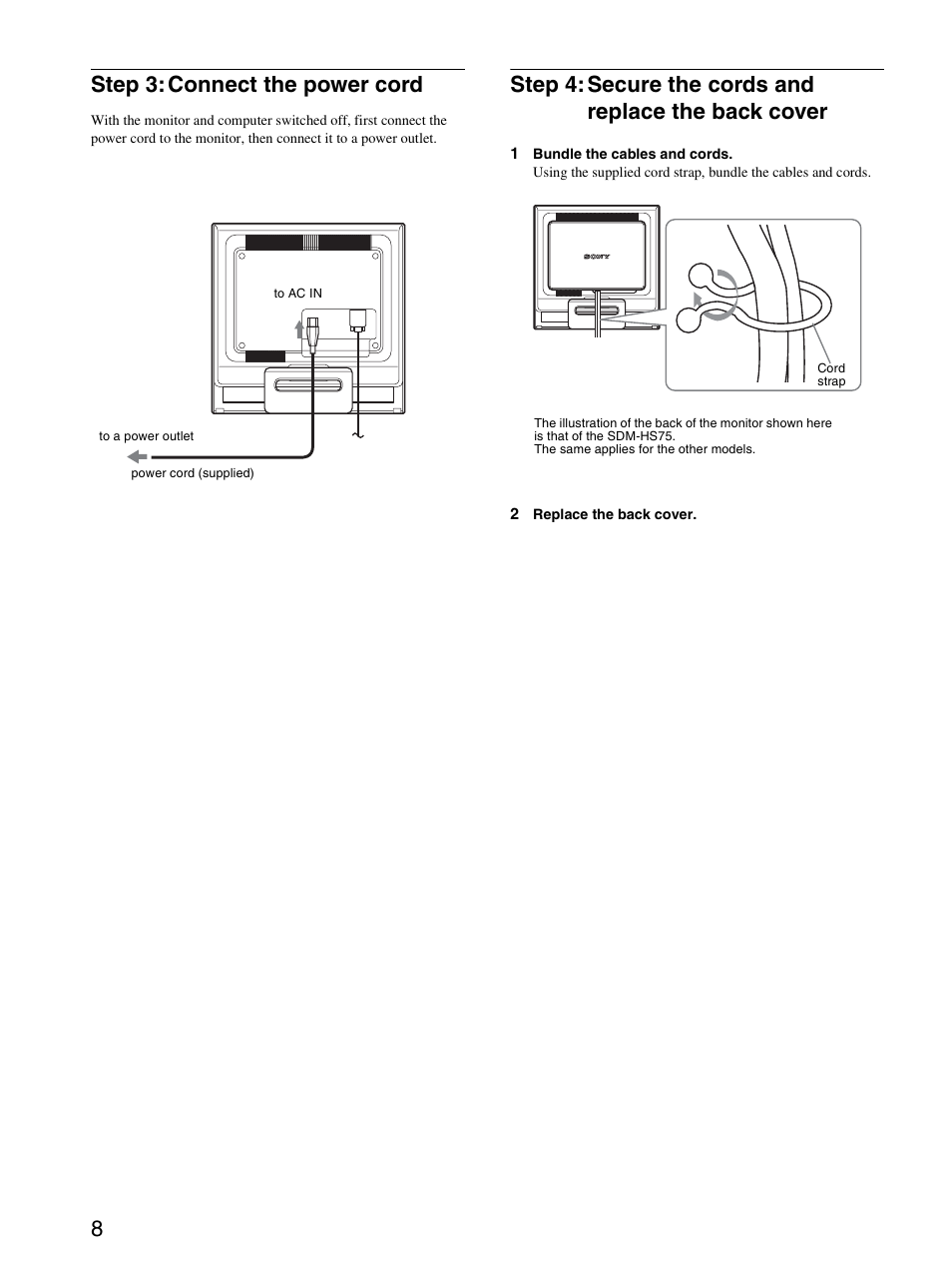 Step 3: connect the power cord, 8step 3: connect the power cord | Sony SDM-HS95B User Manual | Page 8 / 20