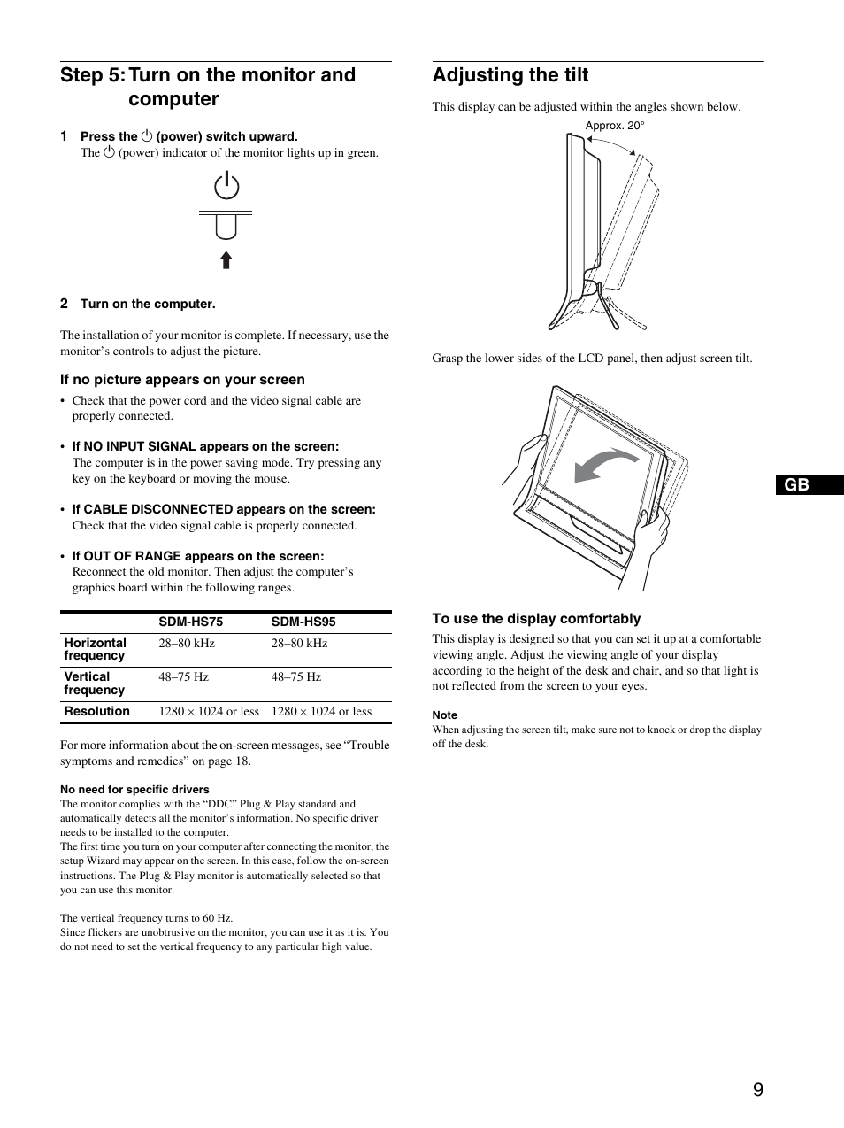 Step 5: turn on the monitor and computer, Adjusting the tilt | Sony SDM-HS95B User Manual | Page 9 / 20