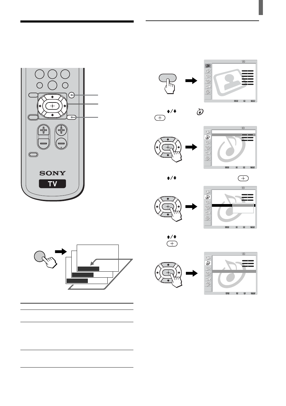 Selecting stereo or bilingual programs, You can enjoy stereo, bilingual and mono programs, Mts/sap guide | Press menu, Press v/v to select (audio), then press, Press v/v to select “mts,” then press, Press menu to exit the menu screen, Menu | Sony KLV-23HR1 User Manual | Page 41 / 56