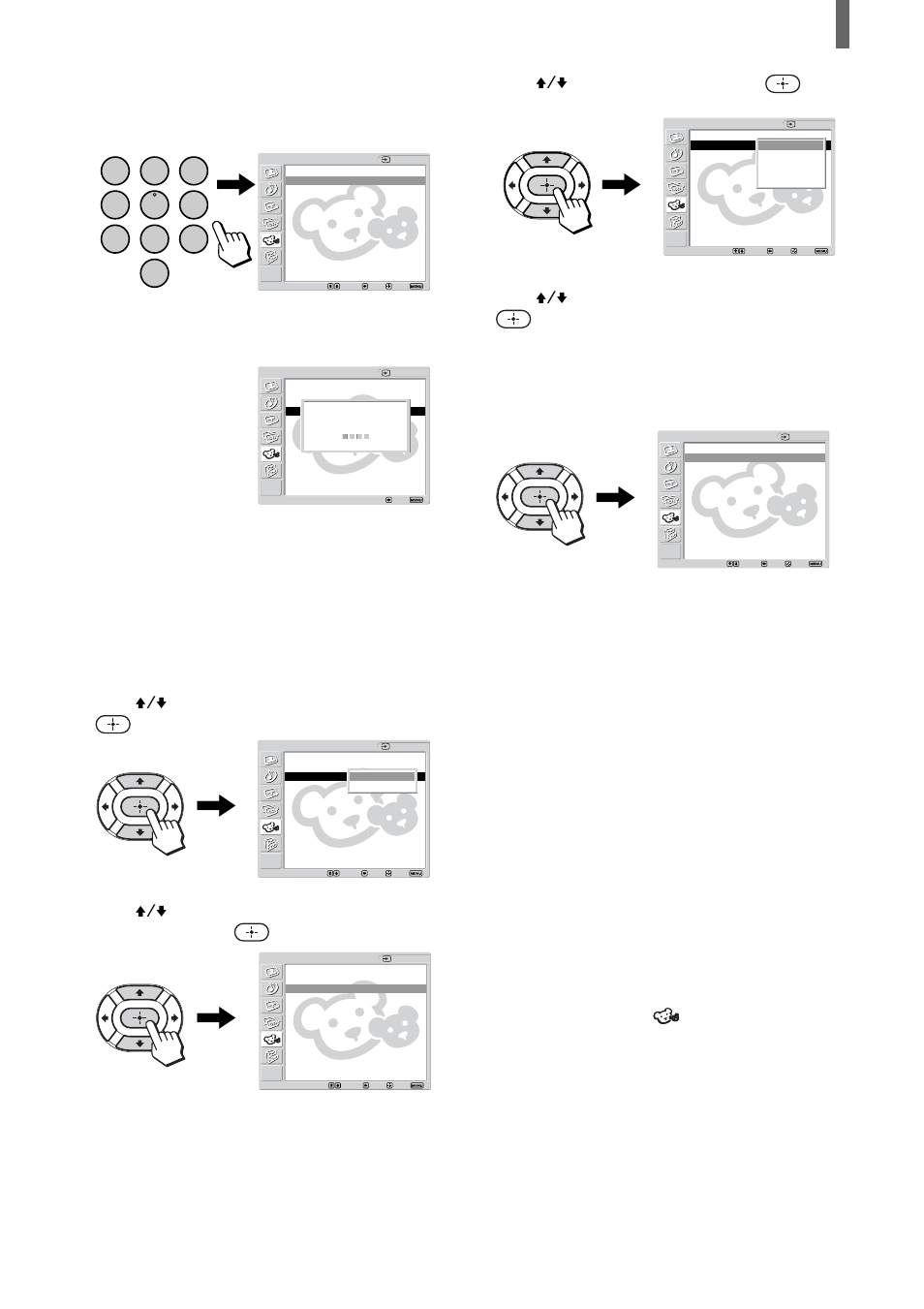 Press v/v to select “select country,” then press, Press v/v to select “lock,” then press, Press enter when tuned to a blocked program | Sony KLV-23HR1 User Manual | Page 43 / 56