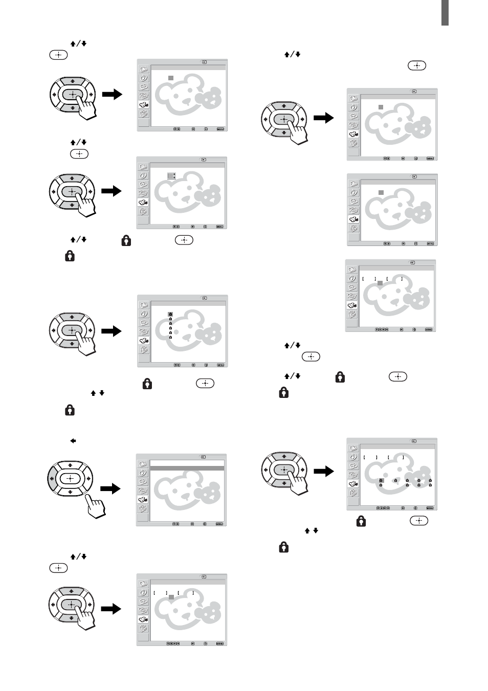 Press v/v to select “movie rating,” then press, Press b to return to the “custom” menu, Continued) | Sony KLV-23HR1 User Manual | Page 45 / 56