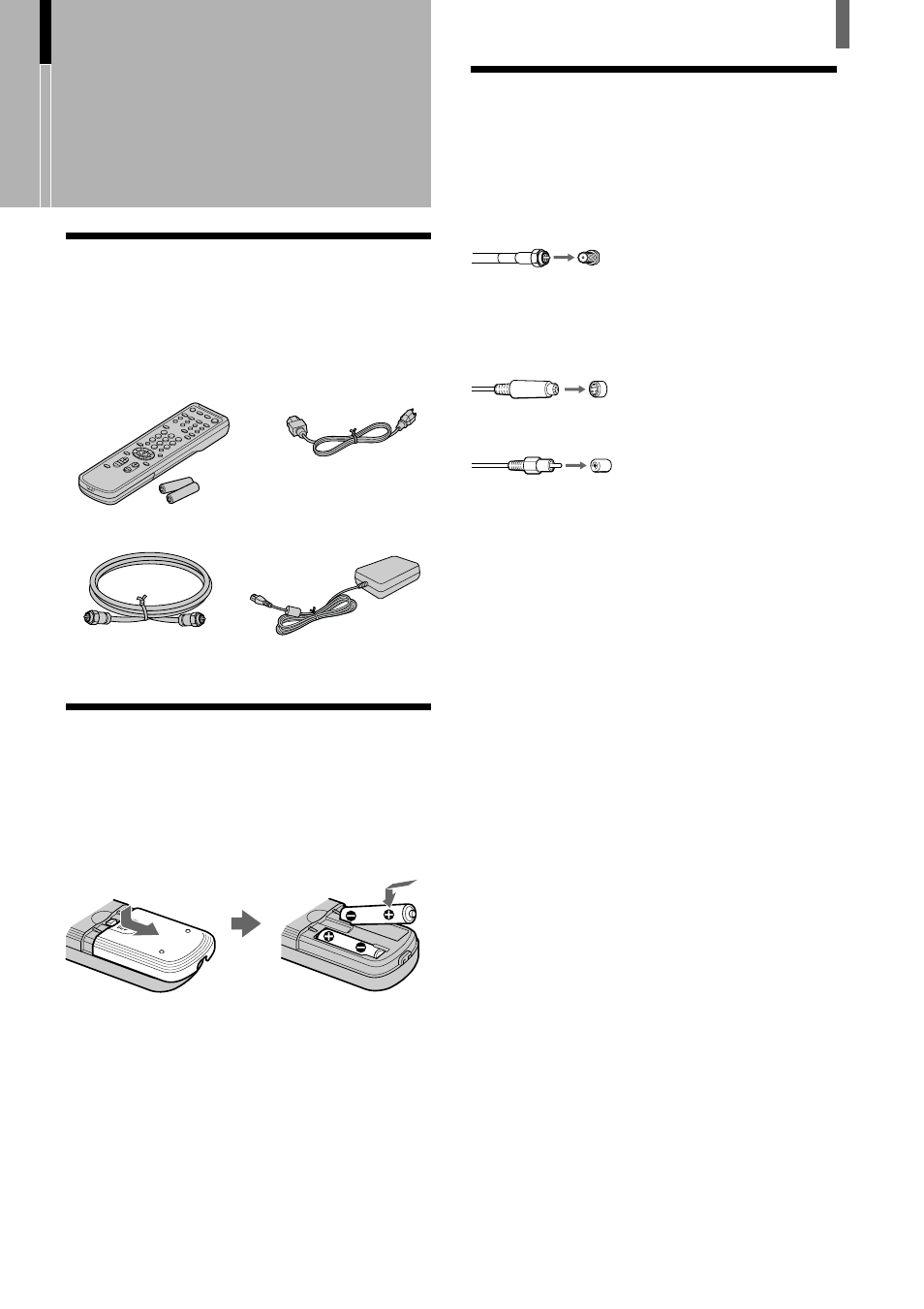 Installing and connecting the tv, Unpacking, Inserting batteries into the remote control | Connector types | Sony KLV-23HR1 User Manual | Page 7 / 56