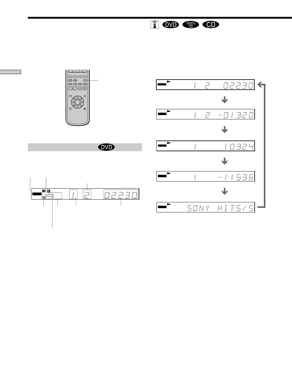 Using the front panel display, Using the front panel display 22, Using the front panel display z | When playing back a dvd, Displaying information while playing the disc, Checking the remaining time press time/text | Sony DVP-S560D User Manual | Page 22 / 72